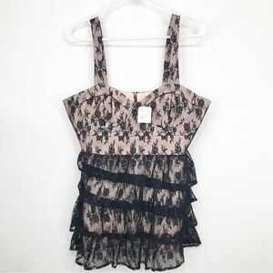 Twenty One Black Lace Romantic Ruffle Bustier Camisole Retro Tank Blouse NEW